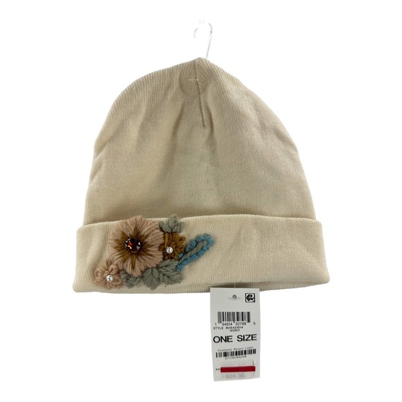 INC International Concepts, Floral Embroidered Beanie, Ivory - Picture 1 of 5